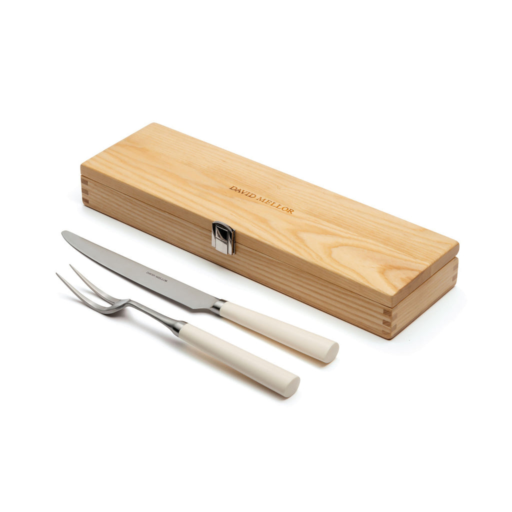 David Mellor Pride carving set. SKU 2518310. Comes in a solid ash case with hinged lid and clasp.  Comprising:  Carving Knife 20cm. Carving Fork 25.5cm. Box 35.5 x 11 x 5cm deep.