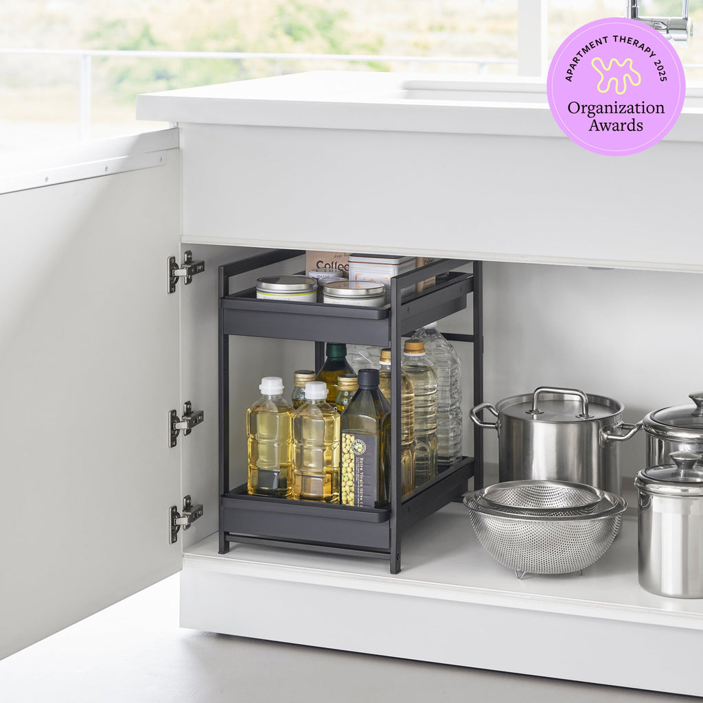 Awarded "Best Under-Sink Organizer" by the 2025 Apartment Therapy Organization Awards.This 2 tier kitchen storage rack is the key to making the most of under-sink storage! Put everything within reach with this rack's pull-out shelves.
