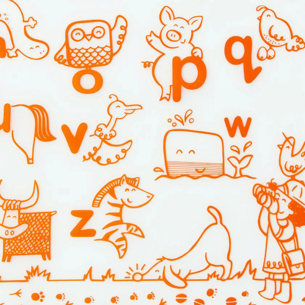 Mark Mat: Alphabet Animals detail. SKU: DMAA. GTIN: 00816990012493. The plastic-free mark-mat is crafted out of pure, silky soft silicone & designed for kids of all ages. 