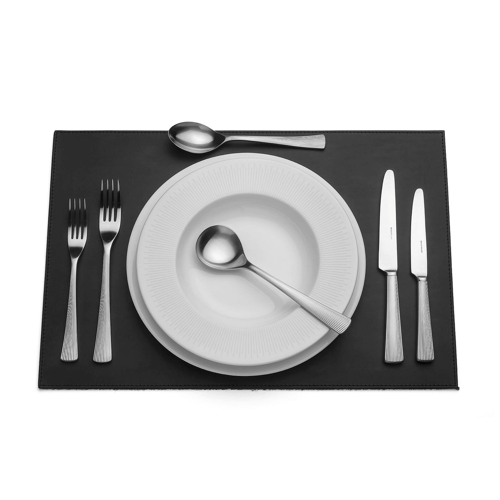 Liner six-piece cutlery place setting. SKU 4994302. All the pieces have a stylish satin finish. Liner has been designed with elegant entertaining in mind. The decorative fluting that subtly fades into its handle brings to mind the elegance of Art Deco and the glory days of transatlantic travel.