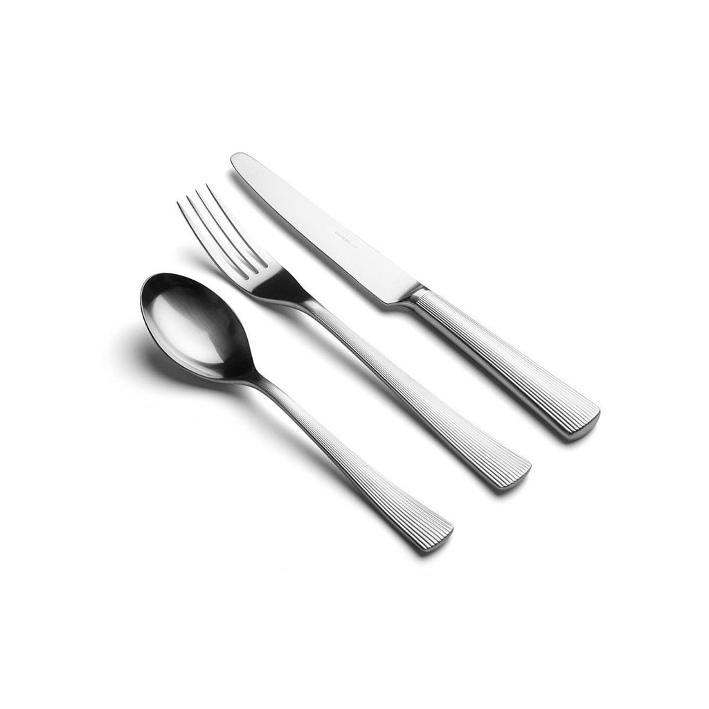 Liner six-piece cutlery place setting. The range is one of our most comprehensive, with twelve pieces in the range including a coffee spoon, butter knife and cake fork. All the pieces have a stylish satin finish. 