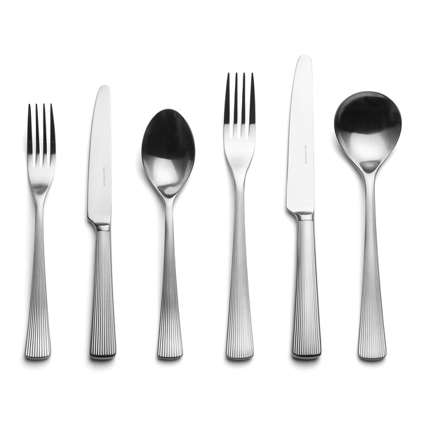 Liner six-piece cutlery place setting by Corin Mellor for David Mellor Design. 1 table knife 1 dessert knife 1 table fork 1 dessert fork 1 soup spoon 1 dessert spoon. SKU 4994302.