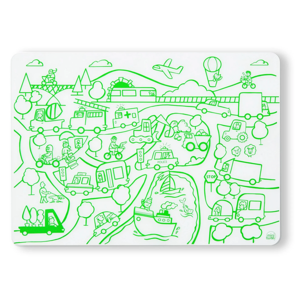Mark Mat: Transportation. The plastic-free mark-mat is crafted out of pure, silky soft silicone & designed for kids of all ages. The non-porous & germ-free surface will never wear & tear, so you can roll up the reusable, memory-free mat again & again for endless mealtime fun at home or on the go. SKU: DMTP. GTIN: 00816990012509.