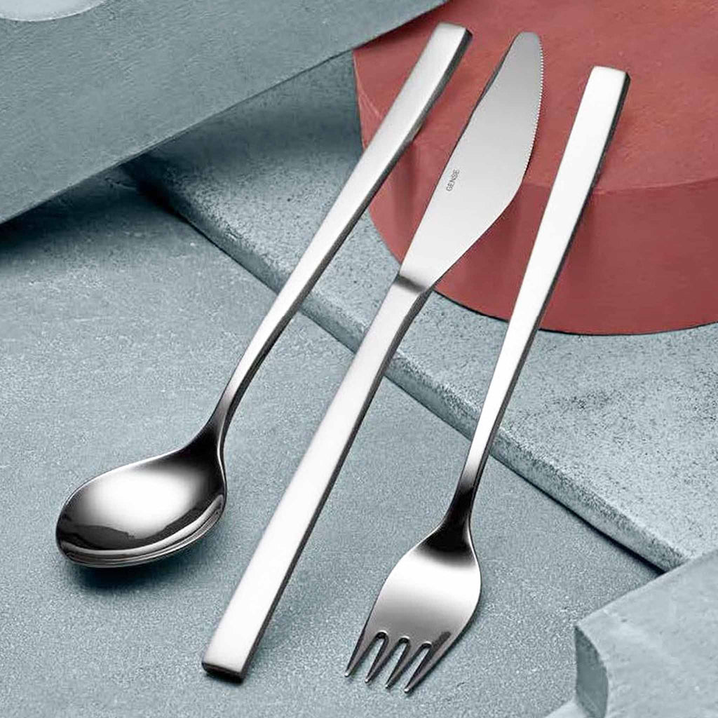 GENSE Fuga Stainless Steel Cutlery Collection by Tias Eckhoff. Fuga has a classic design with softly rounded lines that rest comfortably in the hand, and a refined contrast in the matte handles and polished bowls. 