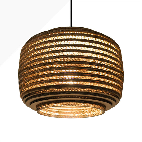Scraplights are constructed from natural recycled cardboard precision cut by a laser. This gives the edges their classic dark appearance and enhances the warm light projected through the corrugation. Ausi is available in three colors and 3 sizes.
