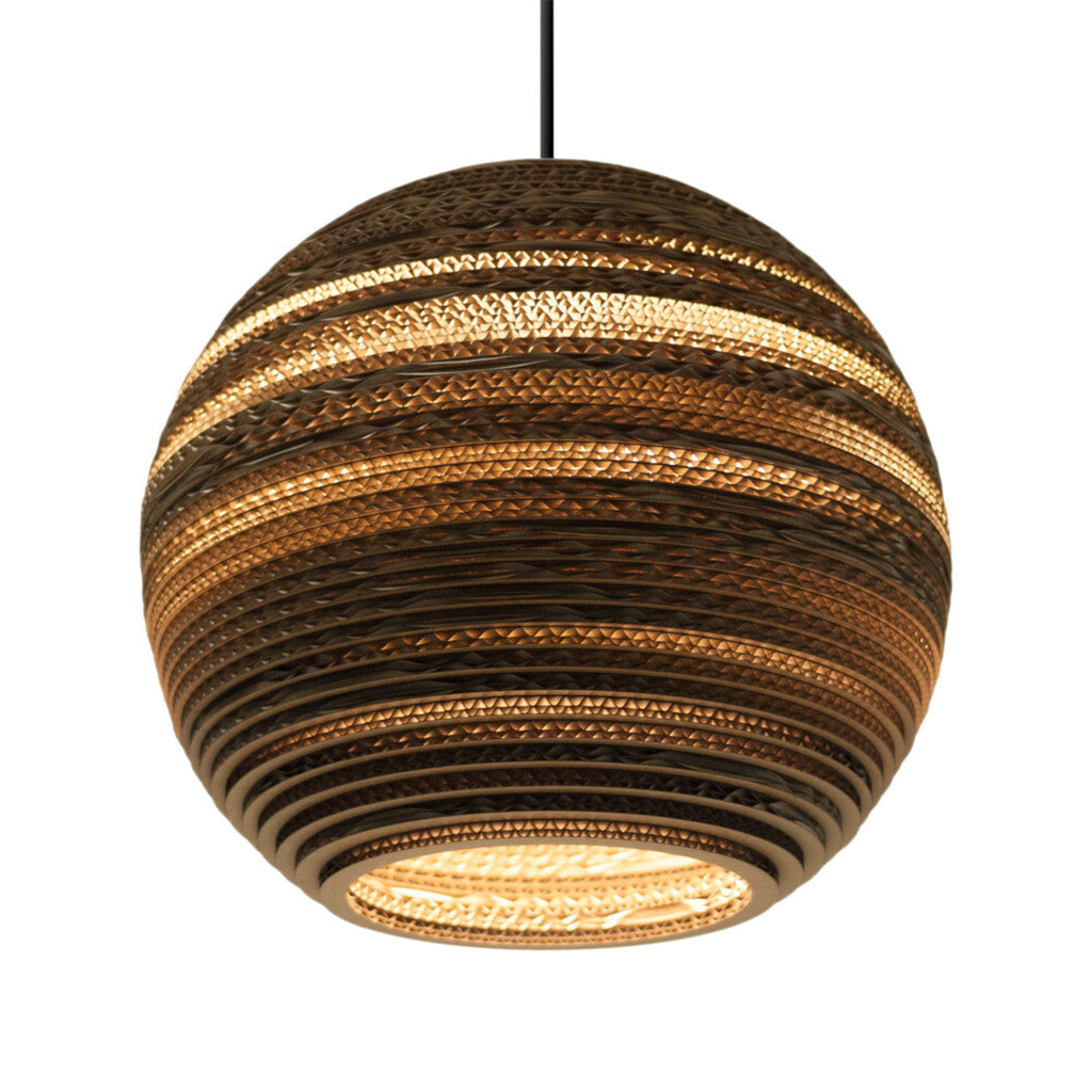 Handcrafted from recycled cardboard, Graypants flagship Scraplights provide warm, intimate, and functional lighting for any occasion or space. Tough and elegant, each is precision cut with a laser and assembled by hand using non-toxic adhesive, and all Scraplights are treated with a non-toxic fire retardant. SKU: GP-162-UL.