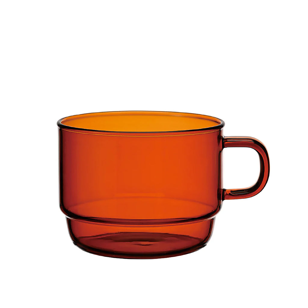 Hario Colors Glass Stackable Mug HCM-300-AB. We did something a little different. Now introducing glass mugs in colors that are not clear! Neat! These cups feature a glass handle and stacking design for easy storage. Perfect for coffee, tea or small soups.