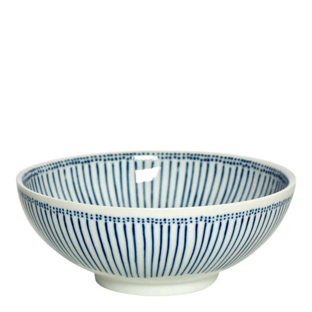 SKU J2947. Blue Stripes 8.25" Bowl. 8.25" diameter x 3.25"h. Ceramic. Microwave, dishwasher safe. Made in Japan. If you've ever had good udon or ramen, you'd know why you need this large bowl. But it's also great as a fruit bowl or a serving bowl for any pasta!