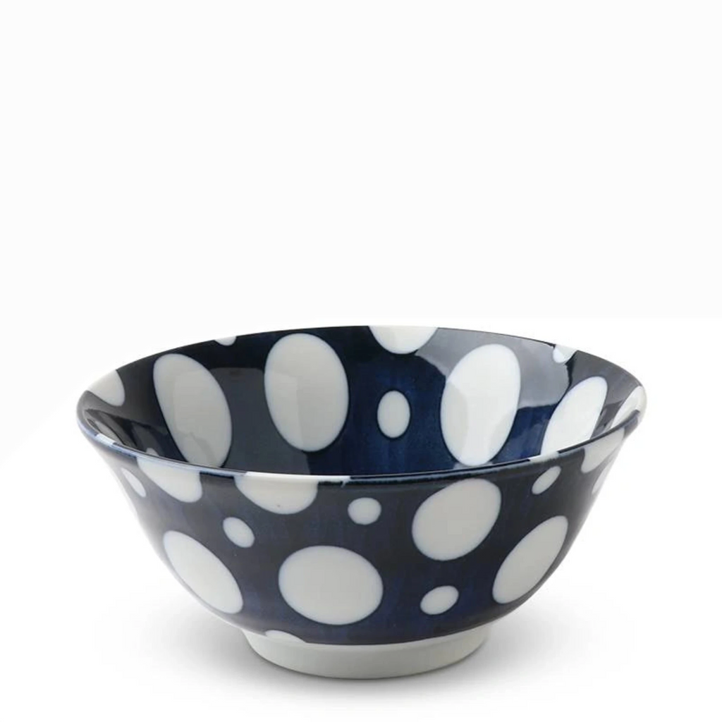 White Dots 5.75" Bowl. 5.75" diameter x 2.75"h. Ceramic. Made in Japan. These blue and white bowls are our most versatile size and shape. Perfect for cereal, soup, and snacks these bowls can be mixed and matched for an outstanding collection. Part modern, part traditional, our bowls complement any decor.