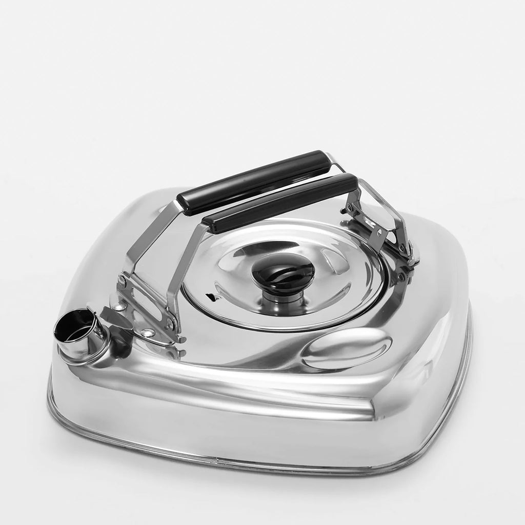 Made in Japan from stainless steel, this unusually shaped kettle has a flat, thin bottom that helps bring water to a boil faster than conventional kettles. 