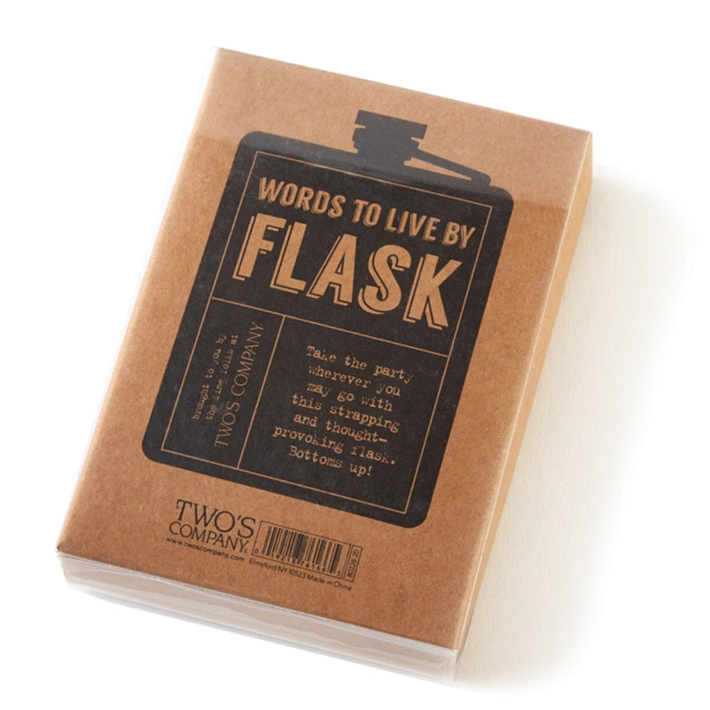 'Words To Live By' Two's Company Flask. The smooth leather construction promises durability and a touch of elegance, while the engraved message, "Candy is Dandy but Liquor is Quicker," adds a playful twist to this classic piece. Ideal for toasting special occasions or simply as a conversational piece, this flask is a versatile accessory for any enthusiast. Whether it's a thoughtful gift or a treat for yourself, this Two's Company flask is sure to be a delightful companion for your favorite libations.