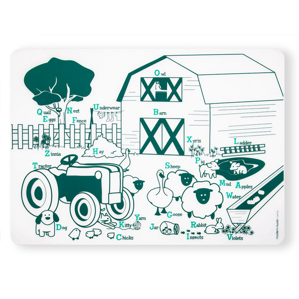 Mark-Mat: Farm Buddies. SKU: MKM004. The plastic-free mark-mat is crafted out of pure, silky soft silicone & designed for kids of all ages. The non-porous & germ-free surface will never wear & tear, so you can roll up the reusable, memory-free mat again & again for endless mealtime fun at home or on the go. 