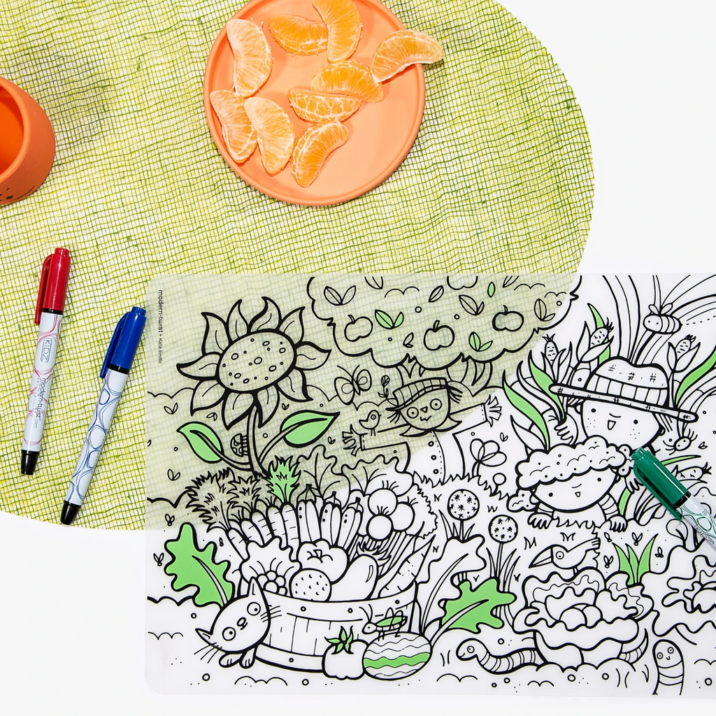 The non-porous & germ-free surface will never wear & tear, so you can roll up the reusable, memory-free mat again & again for endless mealtime fun at home or on the go. Mark-Mat: Garden Play. SKU: MKM006.