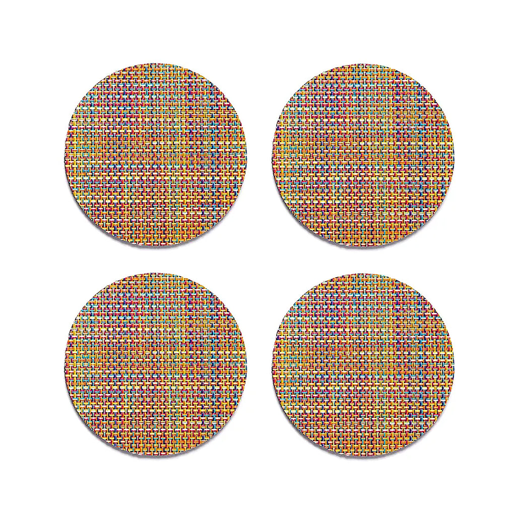 Chilewich Mini Basketweave Confetti Coasters (Set of 4) SKU 100743-005. A plush, protective layer of our BioFelt® backing cushions these durable yet refined coasters. Elegantly banded in sets of four, they are ready for gifting. Made from recycled fibers, the cushioned base layer protects the underlying surface from moisture. Each coaster set includes four coasters in a single color. Suitable for indoor and outdoor use. Made in the USA. Free of phthalates.