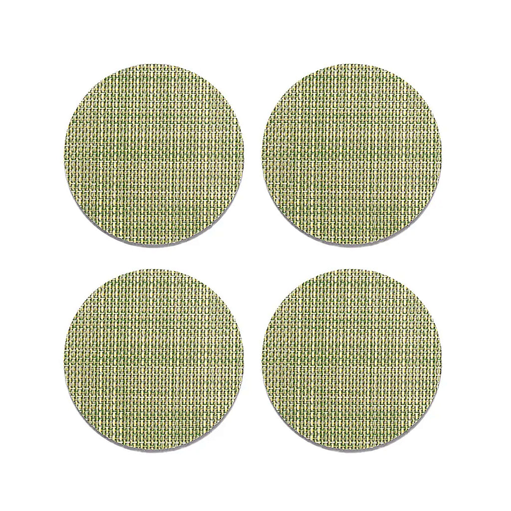 Chilewich Mini Basketweave Dill Coasters (Set of 4). SKU 100743-008. A plush, protective layer of our BioFelt® backing cushions these durable yet refined coasters. Elegantly banded in sets of four, they are ready for gifting. Made from recycled fibers, the cushioned base layer protects the underlying surface from moisture. Each coaster set includes four coasters in a single color. Suitable for indoor and outdoor use. Made in the USA. Free of phthalates.