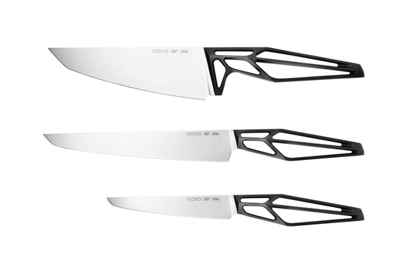 Mono SK59 set of 3. This set consists of Mono SK59 chef's knife, ham slicer and utility knife. Blades made of Sandvik 12C27TM deliver lasting cutting power, they rarely need to be resharpened.