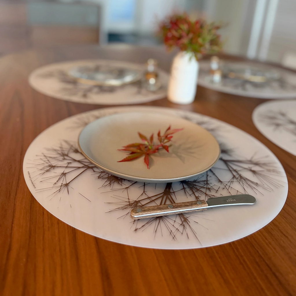 UPC# 854796002362. Round Placemat : Asawa Nest by Modern-Twist. Bring botanical beauty to your table with this soft, beautifully translucent pattern that enhances any surface while keeping lead, latex, phthalates, BPAs, & other harsh chemicals far away from your dinner. This forgiving placemat protects your surfaces from heat & water damage with silky soft, memory-free silicone that never wears or tears. The non-porous & germ-free material repels the biggest spills & wipes clean with ease.
