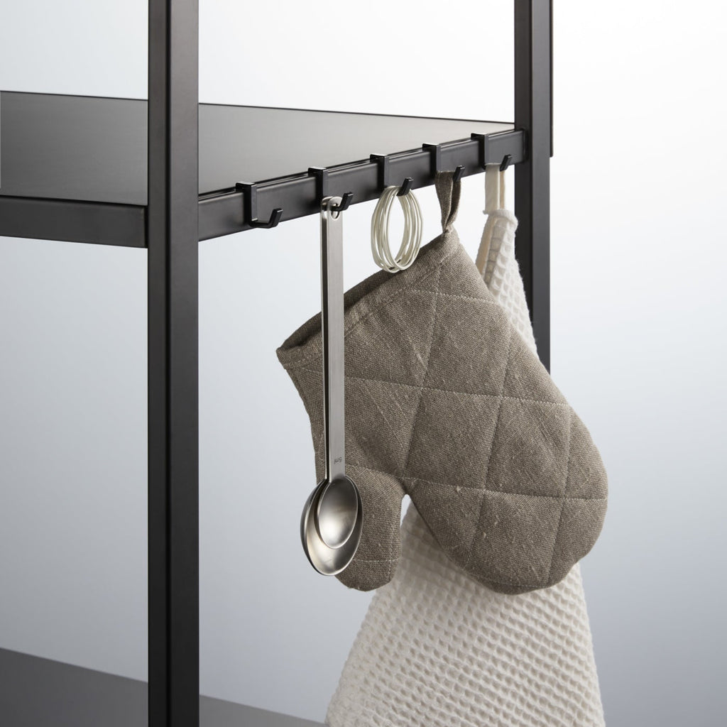 Place items on the shelves or hook everyday cooking tools on the provided clips. Use provided hooks to hang everyday kitchen tools. Maximize your vertical storage for the best solution to stay neat. Even dry foods and spices can find a spot on this rack.