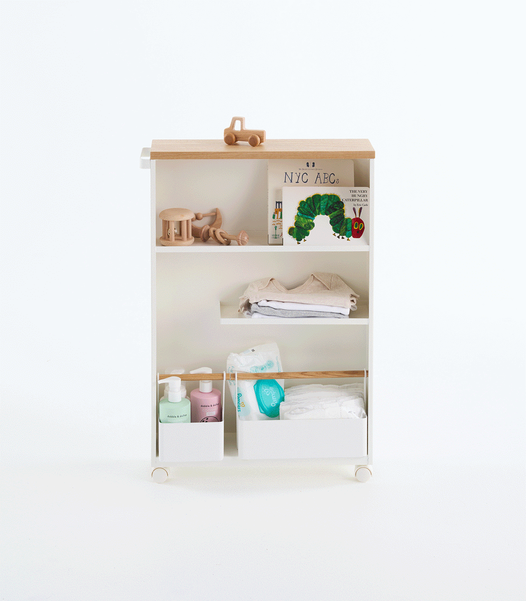 You’ll never run out of bathroom essentials, like toilet paper, cleaners, and other bathroom products with this minimalist, discreet rolling cart. Its slim profile makes this cart perfectly at home facing toward or away from walls, or nestled between tight spaces.
