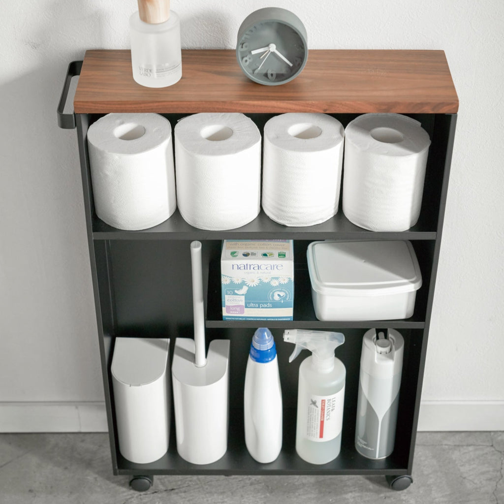 You’ll never run out of bathroom essentials, like toilet paper, cleaners, and other bathroom products with this minimalist, discreet rolling cart. Its slim profile makes this cart perfectly at home facing toward or away from walls, or nestled between tight spaces. 