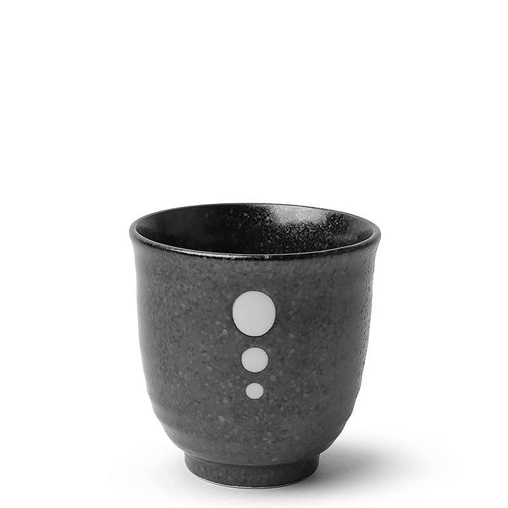 Satin Black White Dots Teacup. SKU 114-279. UPC 846682044839. Black glazed teacup with beige circle design.