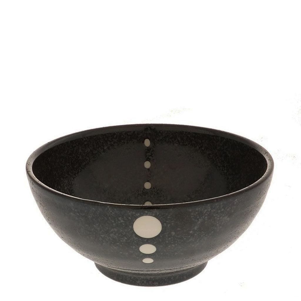 Satin Black White Dots 7-1/4" Bowl 7-1/4" diameter x 3-3/8"h. SKU: 140-031. UPC/EAN: 0846682040213. Matte black-glazed bowls with beige circle design. This popular series can be used for both Japanese and Western style dining. 