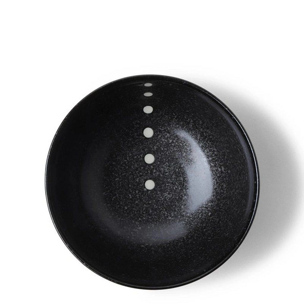 Satin Black White Dots 5-1/8" Bowl top view. Black glazed bowls with beige circle design.