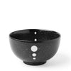 Satin Black White Dots 5-1/8" Bowl. Black glazed bowls with beige circle design. 5" diameter x 2-3/4"h. SKU 140-056. UPC 846682044778.