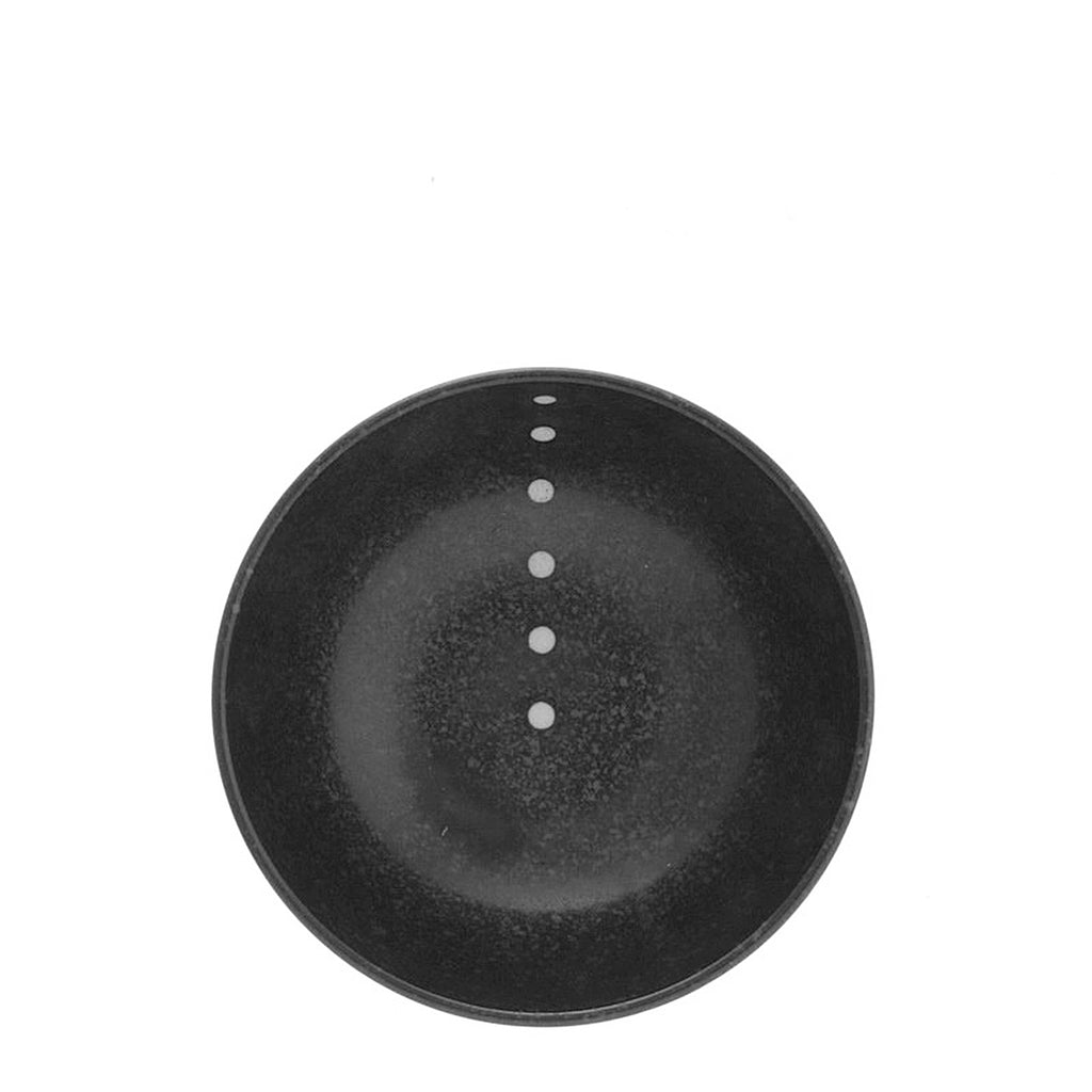 Matte black-glazed bowls with beige circle design. This popular series can be used for both Japanese and Western style dining. Satin Black White Dots 6-1/4" Bowl. 6-1/4" diameter x 2-5/8"h. 20 oz. capacity. SKU: 140-057