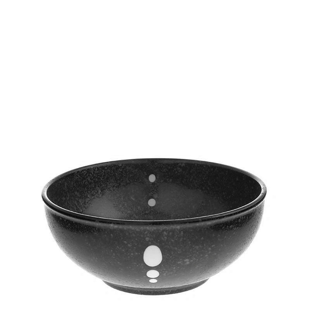 Satin Black White Dots 6-1/4" Bowl 6-1/4" diameter x 2-5/8"h. 20 oz. capacity. SKU: 140-057. Matte black-glazed bowls with beige circle design. This popular series can be used for both Japanese and Western style dining.