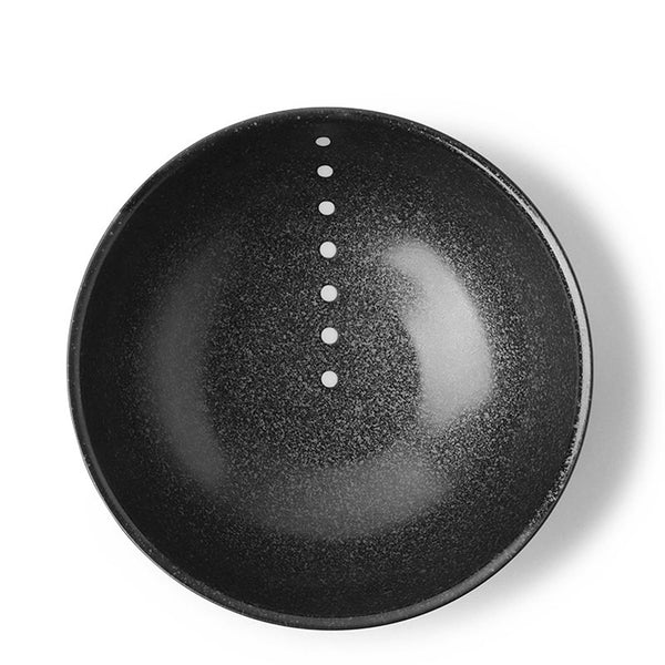 Matte black-glazed bowls with beige circle design. This popular series can be used for both Japanese and Western style dining. Easy to use, durable, and of excellent quality. Satin Black White Dots 8-3/8" Bowl. SKU: 140-061. 