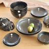 Satin Black and White Dots Dinnerware Collection  Matte black-glazed bowls with beige circle design. This popular series can be used for both Japanese and Western style dining. Easy to use, durable, and of excellent quality. Made in Japan.