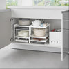 This three-tier steel kitchen storage rack is your helpful aid for cabinet organization! Adjust the bottom two shelves as you wish to store baking sheets, electric burners, pots and pans, and other bulky kitchen appliances that are otherwise hard to store. An effective solution to keep your cleaning tools in check under the kitchen sink, and even bathroom cabinets.