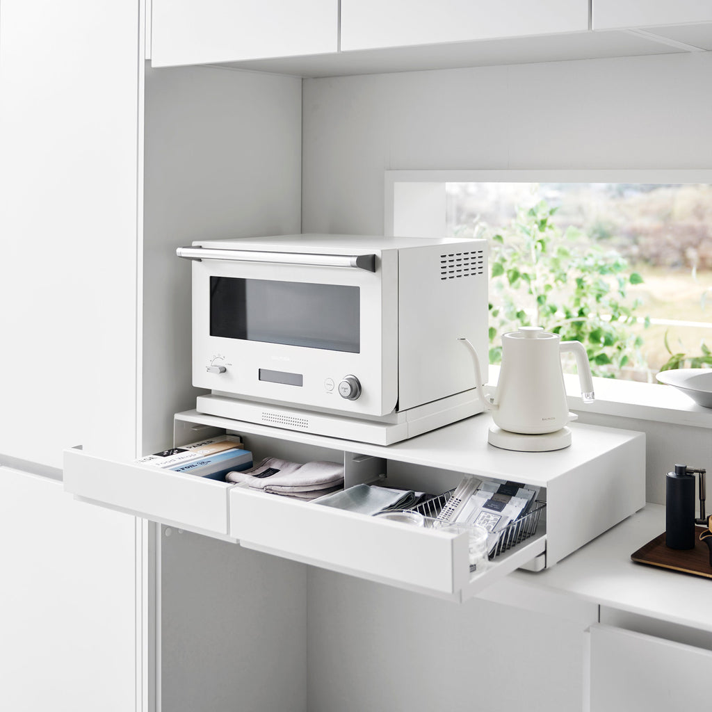 Drawer interior dimensions are approximately 3.5 inches in height, providing excellent storage capacity. The drawer can be pulled out up to 8 inches, while the shelf can be extended up to approximately 9.8 inches.