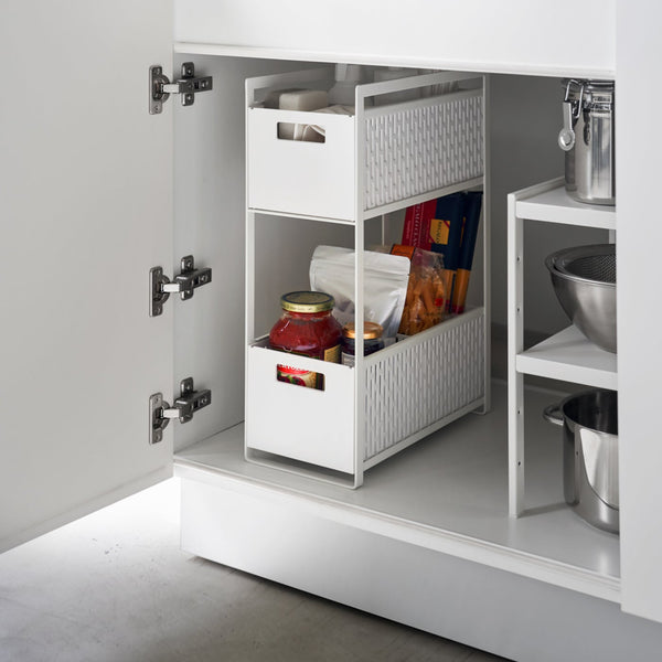 Vertical design maximizes storage space.
