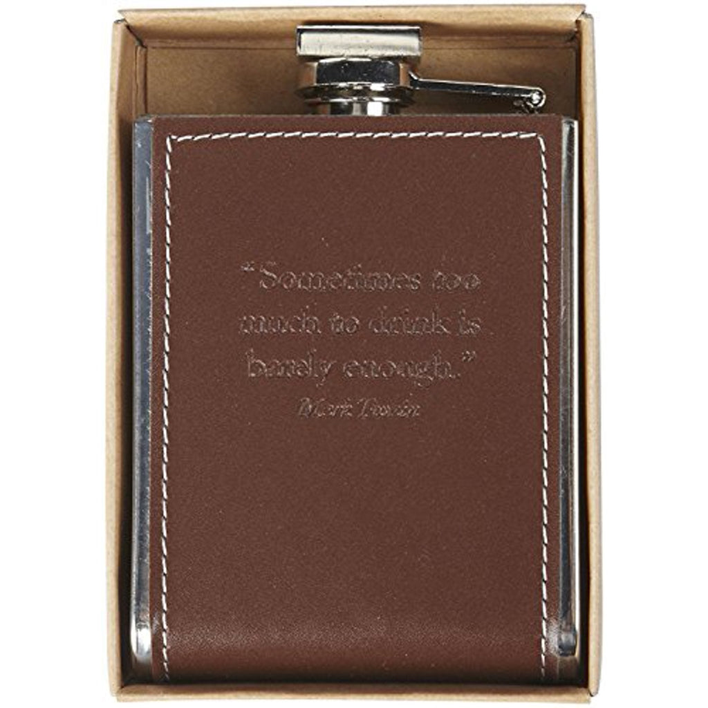 Two's Company Words to Live By Embossed Flask in Gift Box - Stainless Steel & PU Leather with Drinking Quote by Mark Twain. Sometimes too much to drink is barely enough.