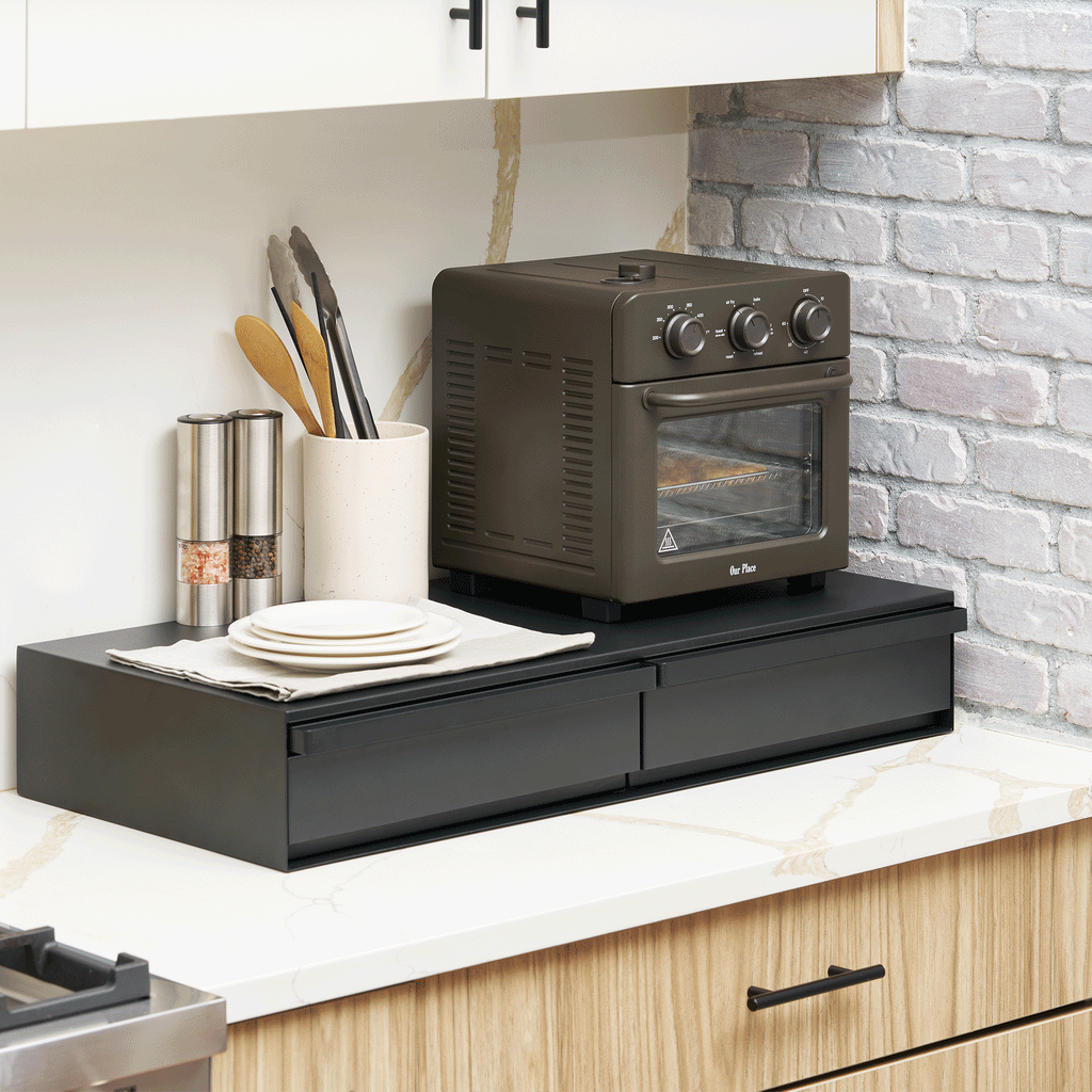 Transform your counter with this sleek 2-in-1 drawer and slide-out shelf—smart, stylish storage designd to fit underneath everyday kitchen appliances.