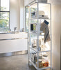 This kitchen appliance storage rack creates a dedicated space in the kitchen for your mid-sized appliances such as toaster ovens, microwaves, and blenders. The bottom compartment accommodates small refrigerators and garbage cans.