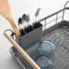 Adjustable utensil holder can be hung inside or outside the dish rack, depending on how full your dish rack gets. The bottom is conveniently designed to keep chopsticks, pipe cleaners, and other skinny items from falling through. Remove the utensil holder for easy cleaning or to dish your utensils back into the drawer.