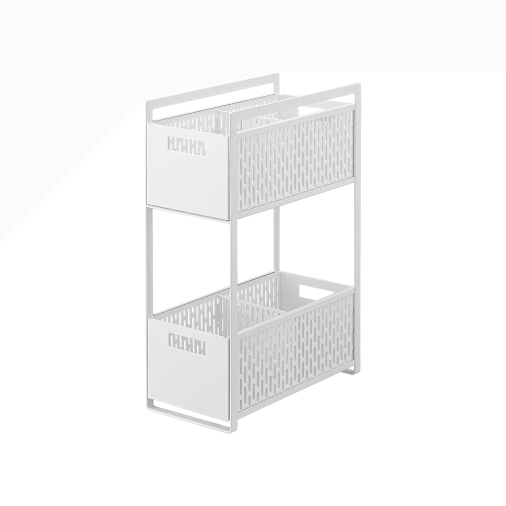 Reinvent cabinet storage with this two-tier solution, designed to revive any dead vertical space! These racks are fully modular with dividing walls to customize the storage compartments on each level. From toiletries to cleaning items, make full use of your space and enjoy the convenience of the pull-out drawers. The bins are designed to ventilate, so you can even use them in the pantry to keep staple vegetables in stock!