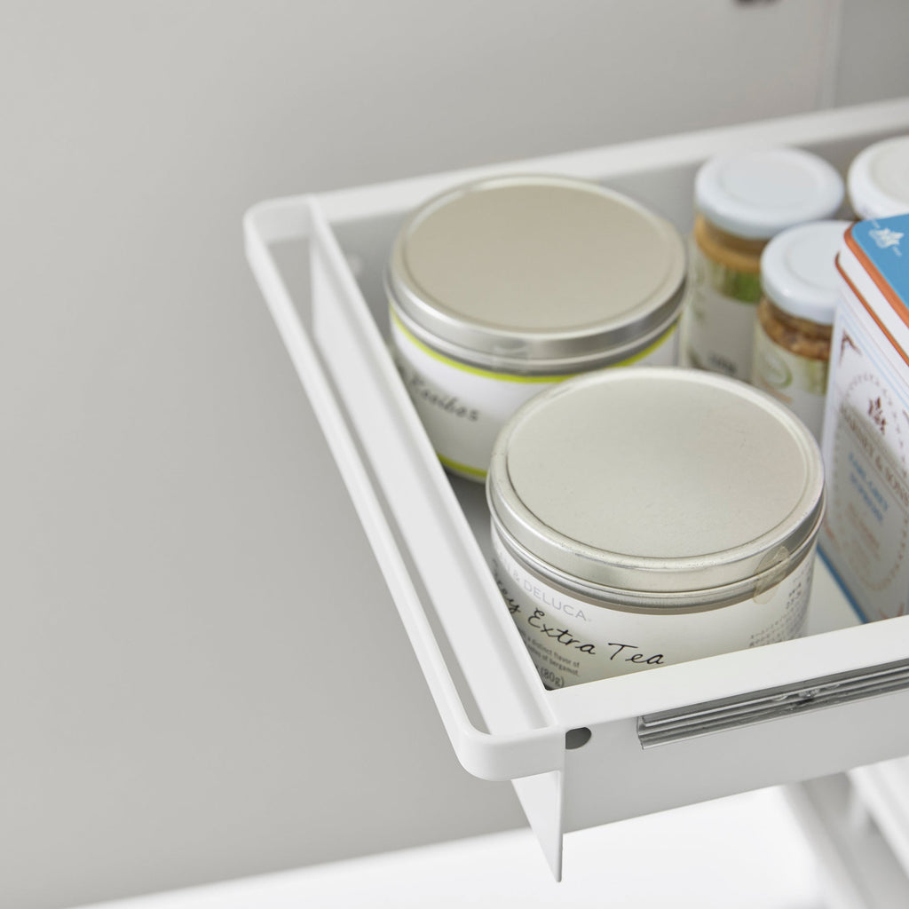 Two tier under-sink storage with sturdy steel frame. Pull out shelves keep everything within reach.