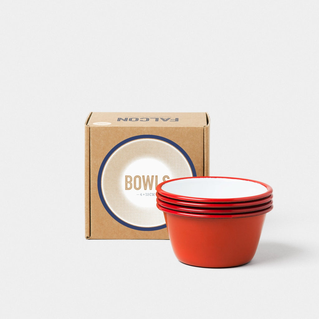 4¾" BOWLS in Pillbox Red. A set of four enamel 4¾" bowls. Perfect for serving up sides, solo portions or used for baking puddings in the oven. As well as timeless elegance, Falcon Enamelware has enduring strength. Enamelware is porcelain fused onto heavy-gauge steel, giving it many admirable qualities - durability, smoothness and chemical-resistance. 