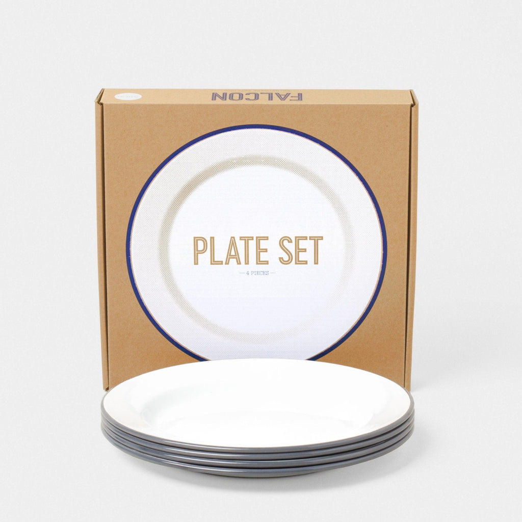 9½" PLATES. White with Pigeon Grey rim. As well as timeless elegance, Falcon Enamelware has enduring strength. Enamelware is porcelain fused onto heavy-gauge steel, giving it many admirable qualities - durability, smoothness and chemical-resistance. It can assume brilliant, long-lasting colours, and cannot burn. If you drop it, it may chip but it won’t break. Dishwasher-safe and oven-safe up to 530F / 270C, it can also be used on gas and electric hobs.