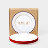 9½" PLATES. White with Pillarbox Red rim. Four enamel plates with coloured rims. Perfect for dinner parties or camping trips. Originally manufactured in the Black Country area near Birmingham, England, Joe Kleiner & Sons created the original enamelware brand, distinctively ice-white with the blue rim, the classic design is still instantly recognisable to this day.