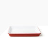 Falcon Enamelware Serving Tray in Pillbox Red. A deep sturdy enamel tray, ideal for loading up with slices of cake and a pot of tea.