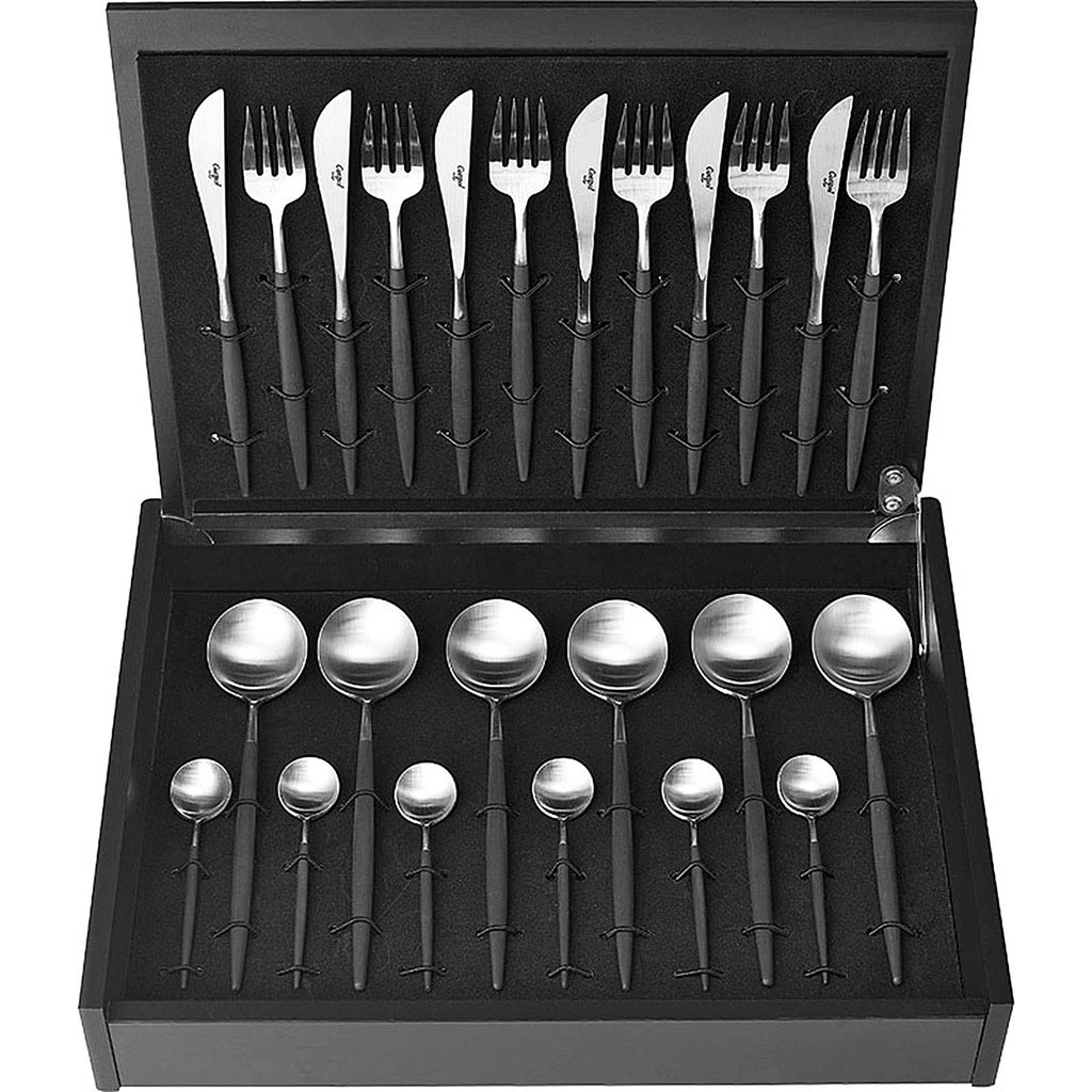 Cutipol GOA BLACK MATTE BRUSHED 24 pieces 6 TABLE KNIVES  6 TABLE FORKS 6 TABLE SPOONS  6 TEA SPOONS with storage chest.