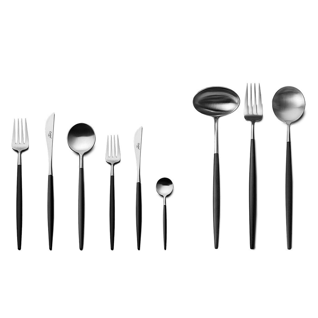 GOA BLACK MATTE BRUSHED 75 pieces 12 TABLE KNIVES  12 TABLE FORKS  12 TABLE SPOONS  12 DESSERT KNIVES  12 DESSERT FORKS  12 TEA SPOONS  1 SOUP LADLE  1 SERVING SPOON  1 SERVING FORK