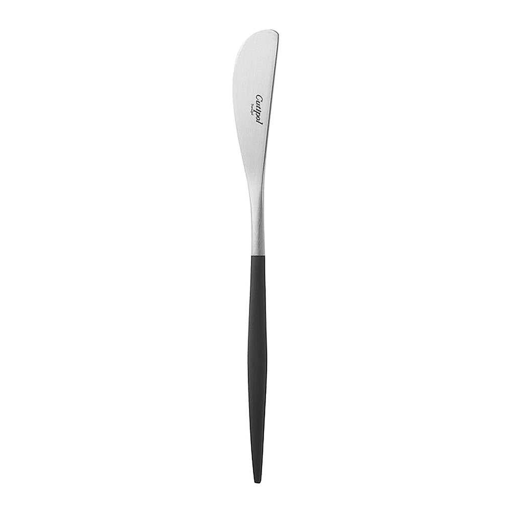 Cutipol Goa Black Butter Knife. GO.25. UPC 5609881942307. Material: matte brushed stainless steel 18/10 and resin handle. Weight 18.5 g (Length 17.5cm)