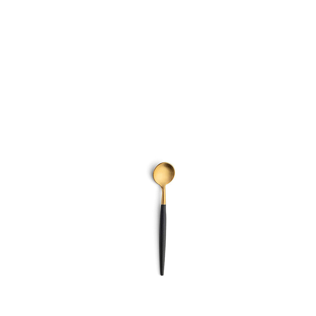 CUTIPOL GOA GOLD MOKA SPOON. SKU GO.12GB. UPC 5609881189092. Weight 6.5 g (Length 10.5cm). Through contemporary design and traditional craftsmanship, Cutipol produces outstanding cutlery that commands attention. Material: matte brushed stainless steel 18/10, gold plated 24k and resin handle.