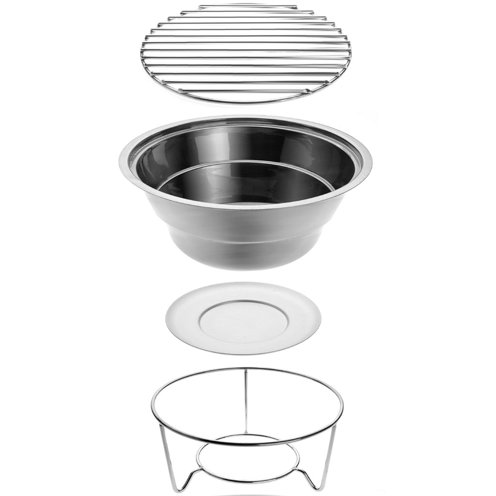 Eva Solo Porcelain Table Grill. SKU: 571020. Place the stand in the porcelain bowl. Place the plate-shaped shield in the stand and then put the coal insert and grid in place. The heat shield reduces the amount of heat radiating downwards from the grid towards the table. If the shield is not correctly positioned, heat-sensitive surfaces, for example a plastic garden table, can be permanently damaged.
